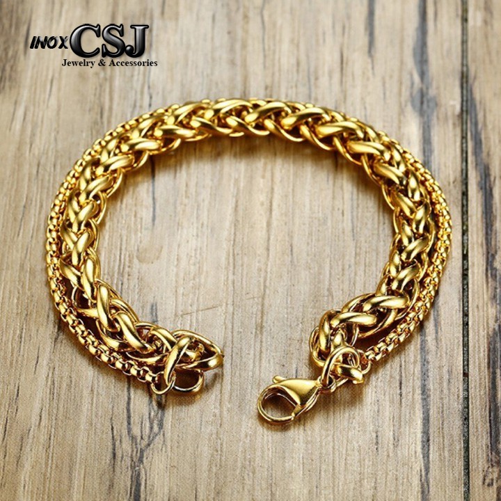 lắc tay inox 2 tầng mạ vàng bông dừa kết hợp khoen đang vuông siêu đẹp chuẩn thời trang