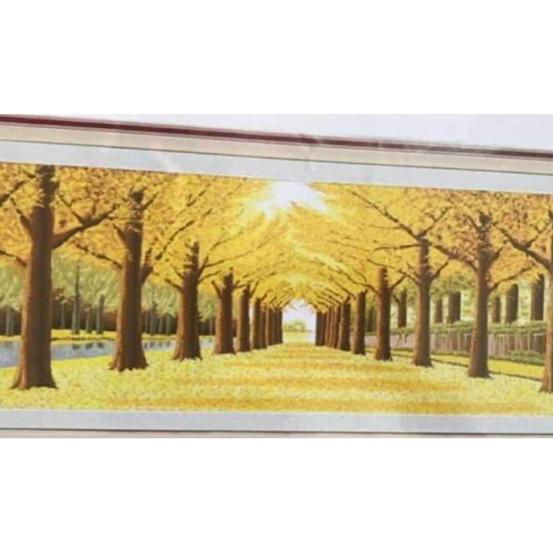 Tranh thêu rừng cây lá vàng mùa thu kt 198x74