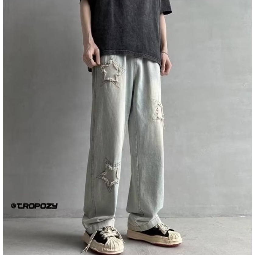 Quần Jean Ống Rộng Phong Cách Hiphop Cá Tính Cho Nam Nữ