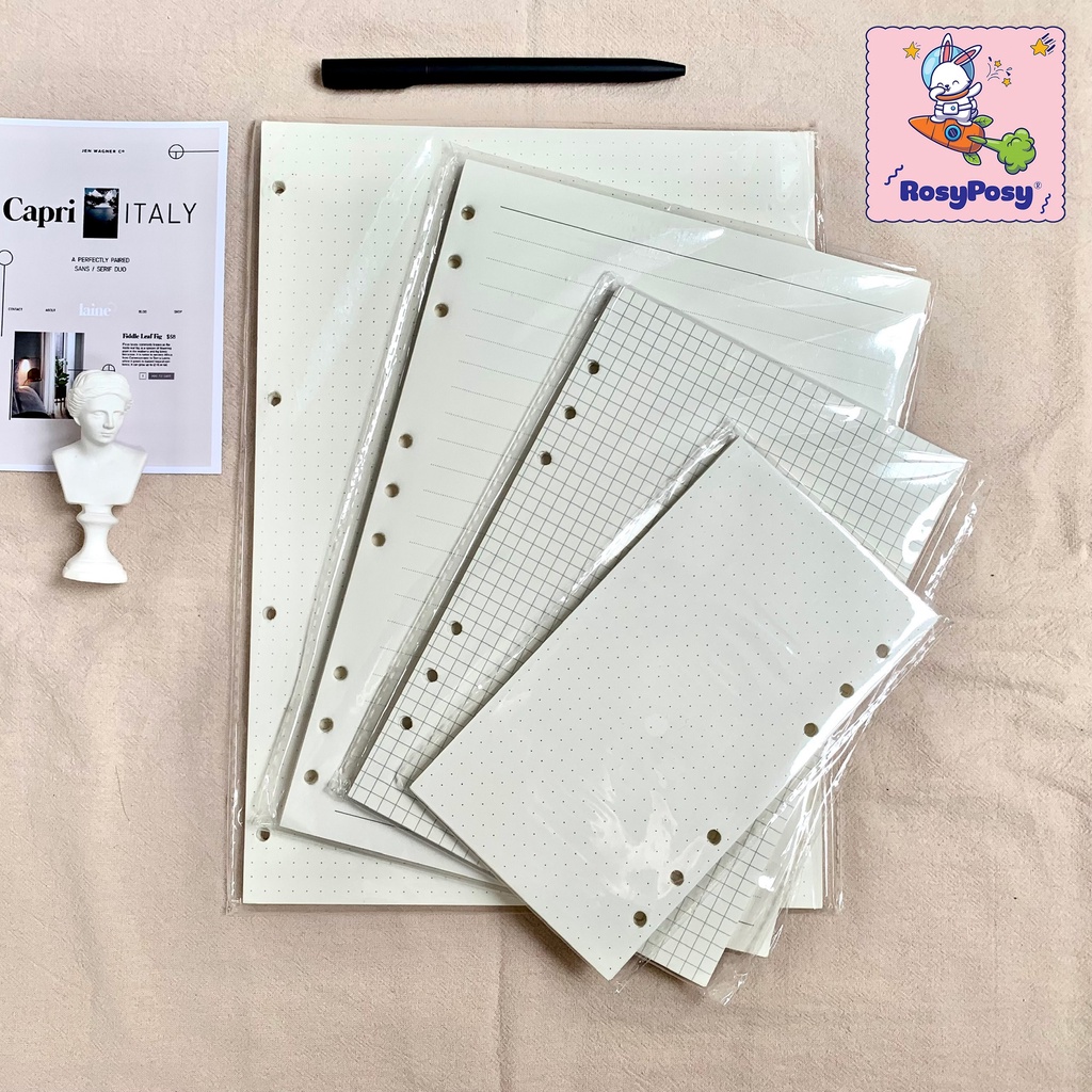 [Dày dặn 100GSM]  Giấy Refill, Ruột Sổ Còng, Binder  A4/B5/A5/A6 4-6 Lỗ Dot/ Caro Grid/ Kẻ ngang Line - RosyPosy