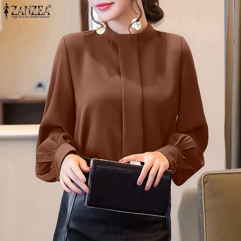 Áo sơ mi ZANZEA màu trơn tay dài có nút thanh lịch cho nữ