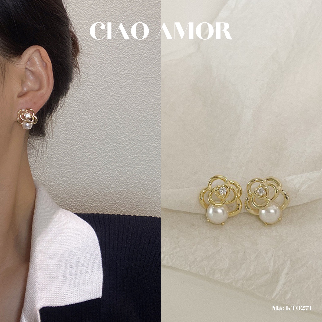 KT0271-Khuyên tai nữ, Bông tai tròn bạc 925 hoa đính ngọc trắng dưới Trang sức Ciao Amor
