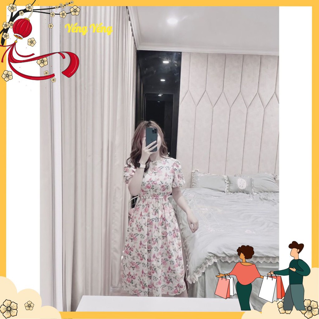 VNU279 - VÁY VINTAGE HOA HỒNG TÍM CHUN EO TAY 2 LỚP