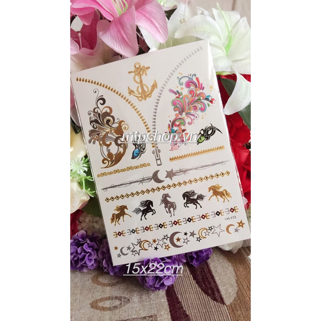 Combo 3 tấm hình xăm dán gold nhũ vàng ánh kim cao cấp con mắt âm dương 15x21cm- tặng bắp tay khi mua từ 2 combo