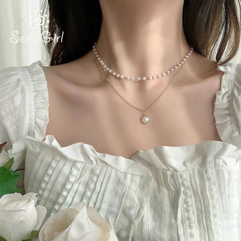 Vòng Cổ Choker Hai Lớp Đính Ngọc Trai Phong Cách Hàn Quốc Quyến Rũ Dành Cho Nữ