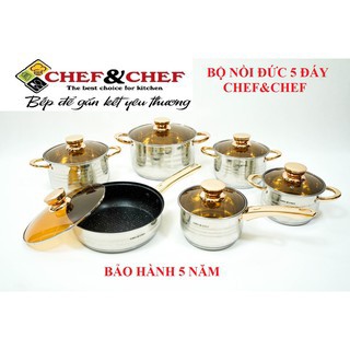 Bộ nồi CHEF&CHEF 6 món chống dính inox cao cấp (Nấu được bếp từ, vung kính)