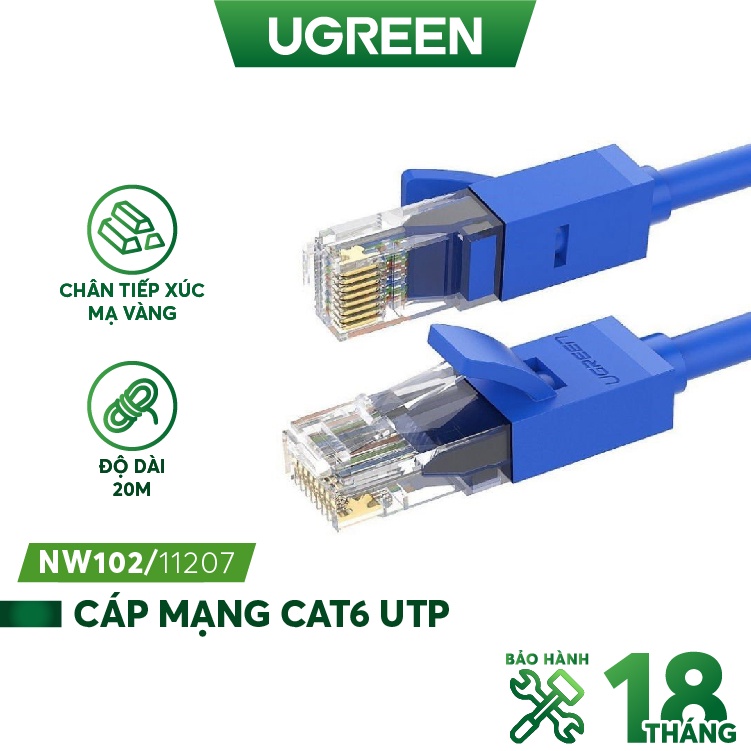 Dây cáp mạng LAN bấm sẵn 2 đầu Cat6 UTP Patch Cords UGREEN NW102 dài 15m - 20m màu Xanh dương