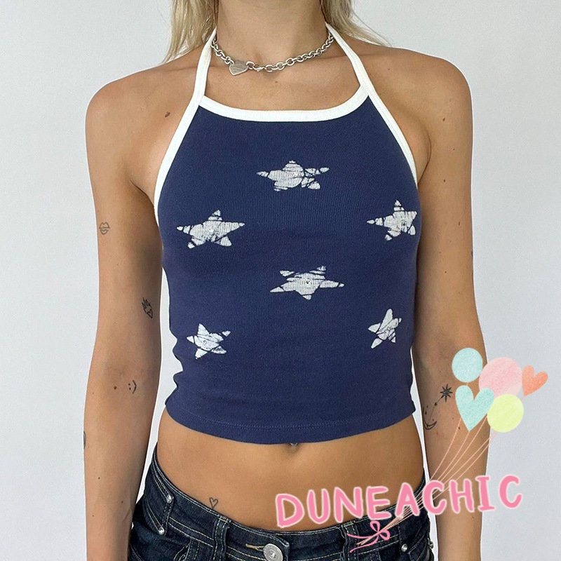 DUNEA Áo Croptop Hai Dây Hở Lưng In Hình Ngôi Sao Thời Trang Cho Nữ