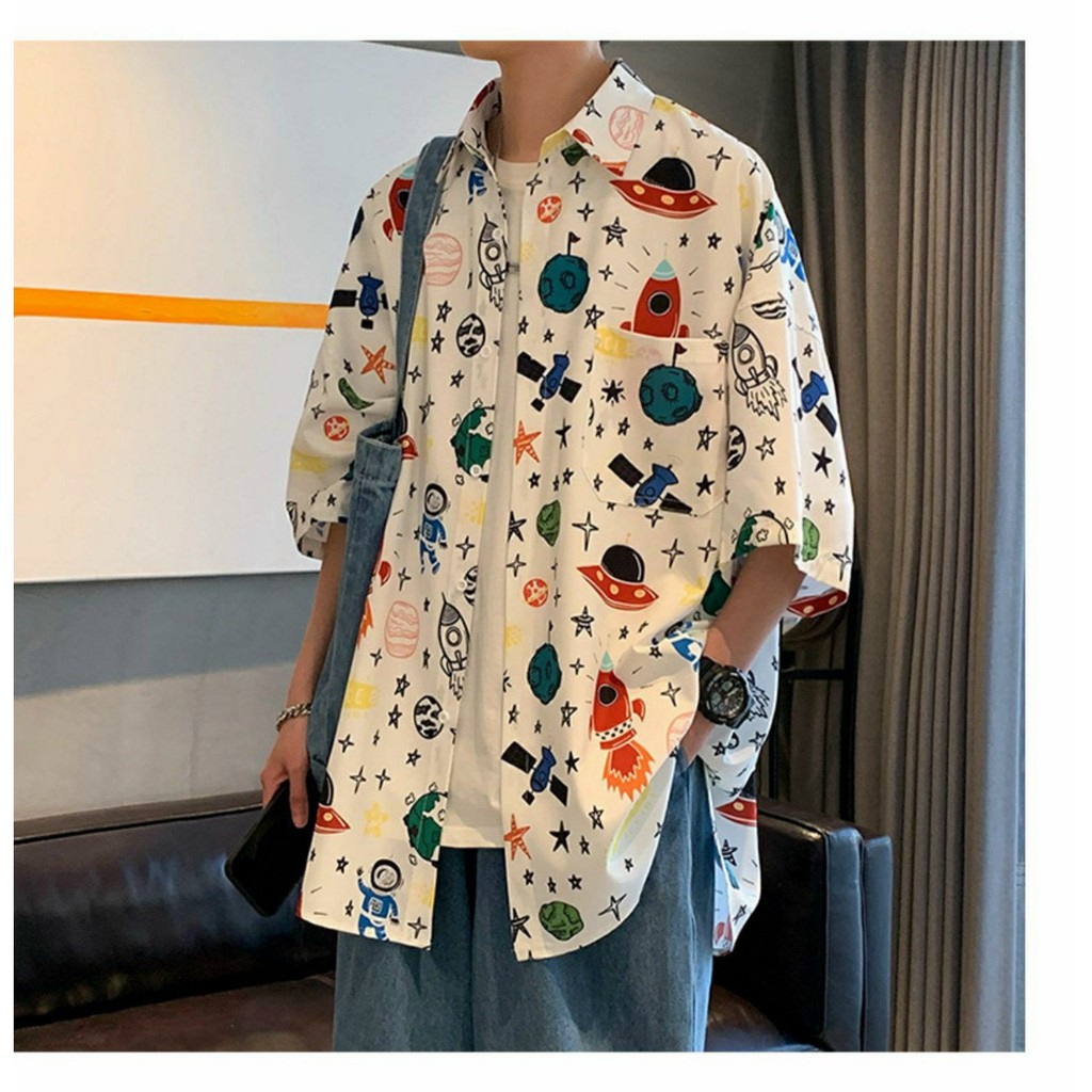 Áo Sơ Mi Tay Lỡ HỌA TIẾT VỆ TINH NHÍ Unisex