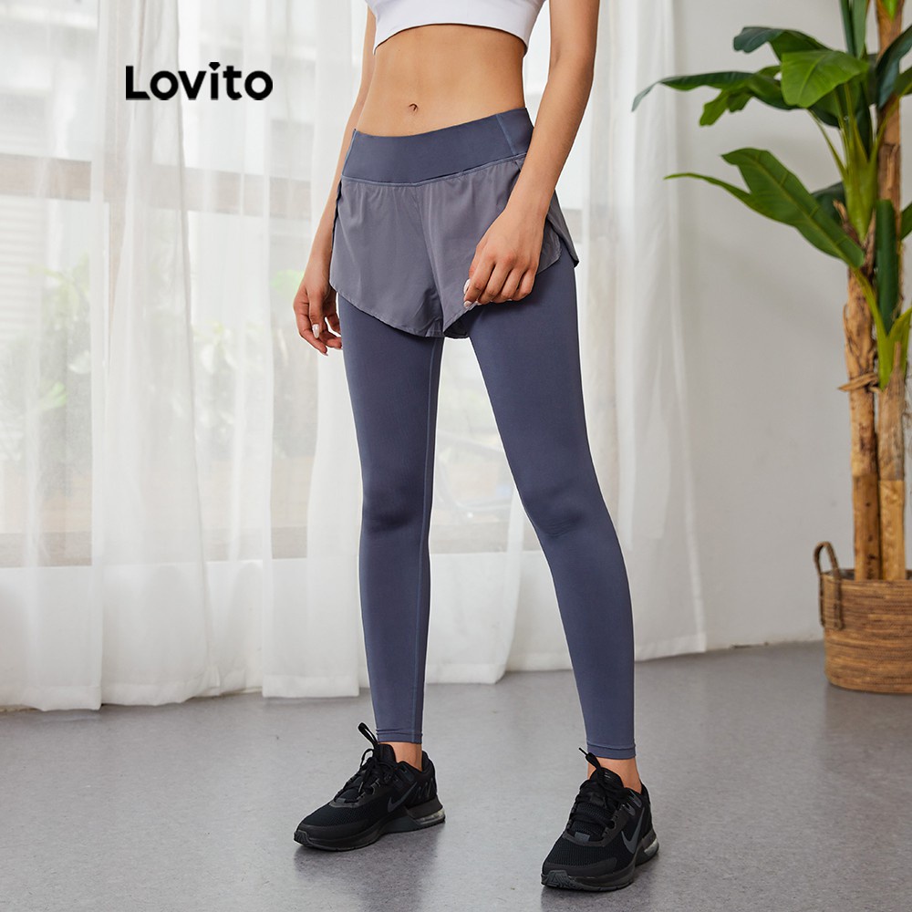 Quần legging skinny Lovito thể thao 2 trong 1 L03049 (màu xám)