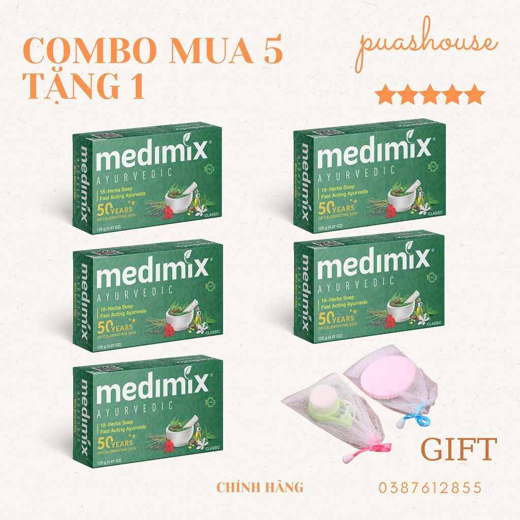 [COMBO TIẾT KIỆM] COMBO 5 XÀ PHÒNG MEDIMIX 18 HERBS 125G TẶNG 1 LƯỚI TẠO BỌT