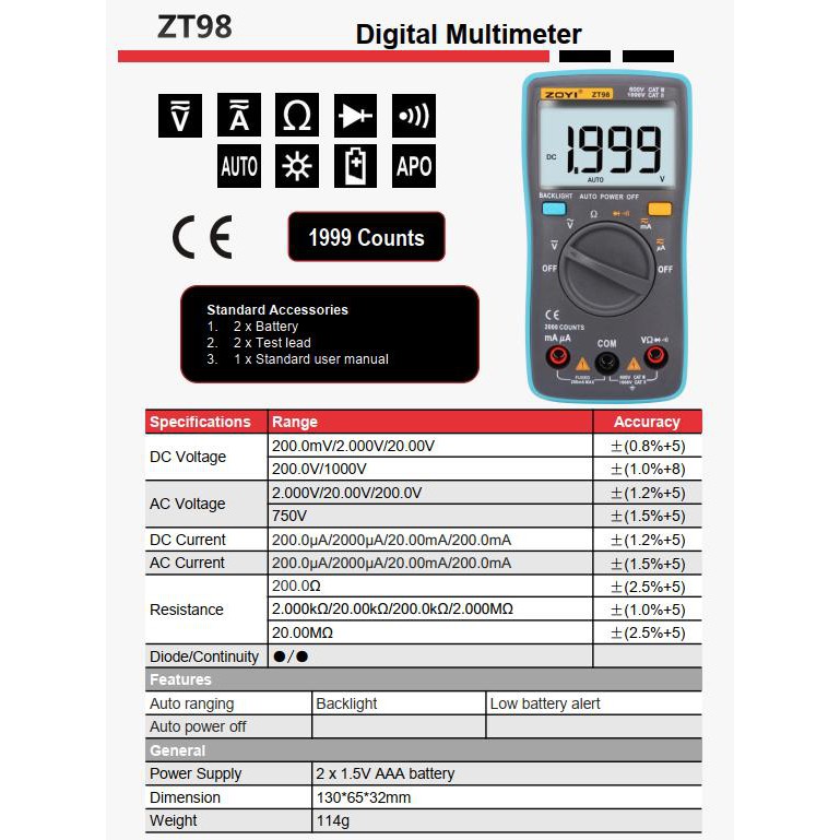 Đồng Hồ Đo Điện Vạn Năng Điện Tử Đo Điện Ac/Dc Zoyi Zt-98 - Bảo Hành 12 Tháng