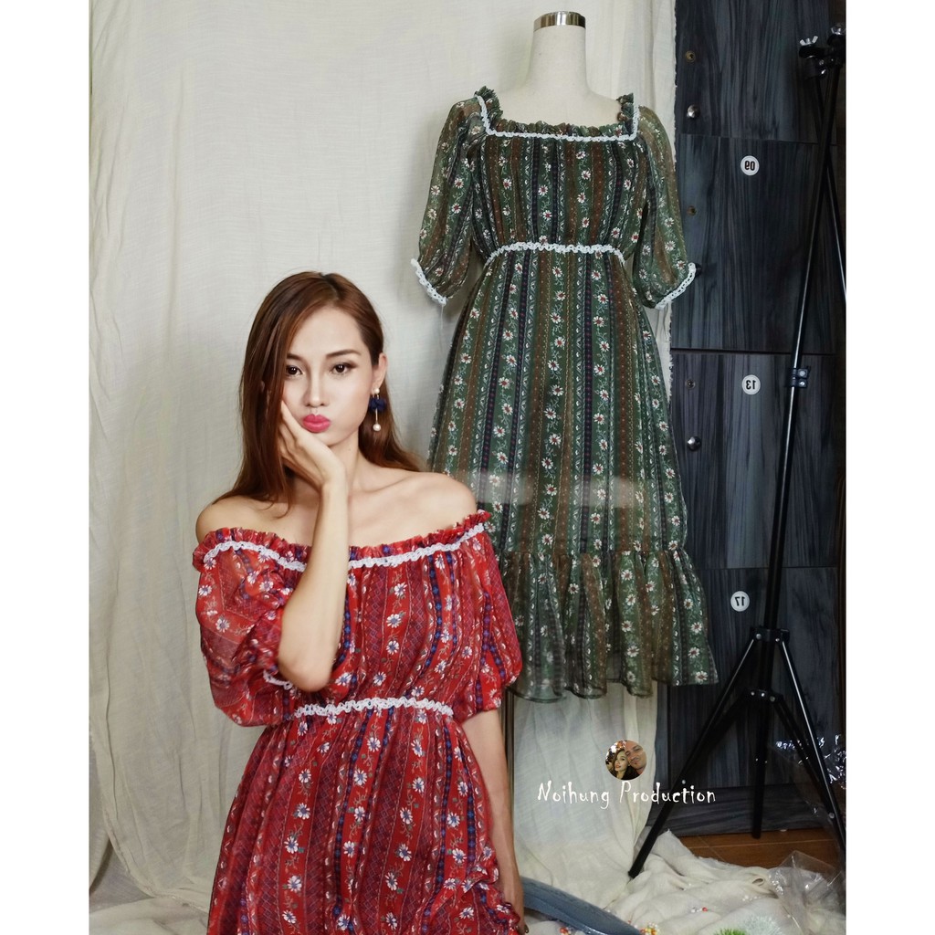 ĐẦM VÁY MAXI VINTAGE HỌA TIẾT HOA ĐUÔI CÁ DÁNG DÀI XÒE TRỄ BẸT HỞ VAI CỔ CHỮ U ĐẸP XỊN RẺ TEEN TRẺ TRUNG BIGSIZE M L XL