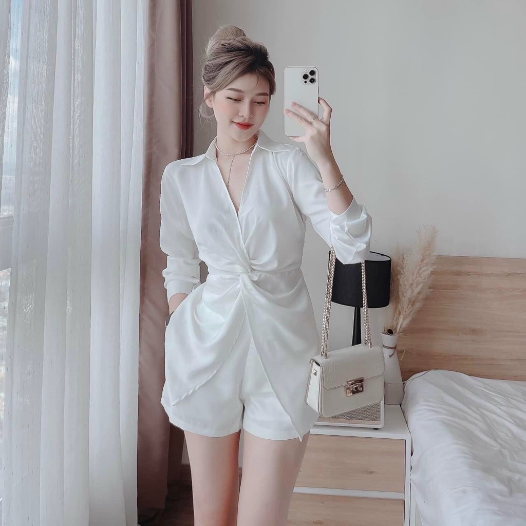 Sét bộ thời trang nữ mặc đi chơi chất tuyết nhung cao cấp y mẫu áo tay dài xoắn eo cổ v mix quần đùi bên trong