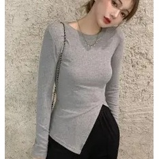 Áo len tăm nữ xẻ vạt, ao thun nữ vạt lệch, áo thu đông xẻ tà lệch dáng ôm.