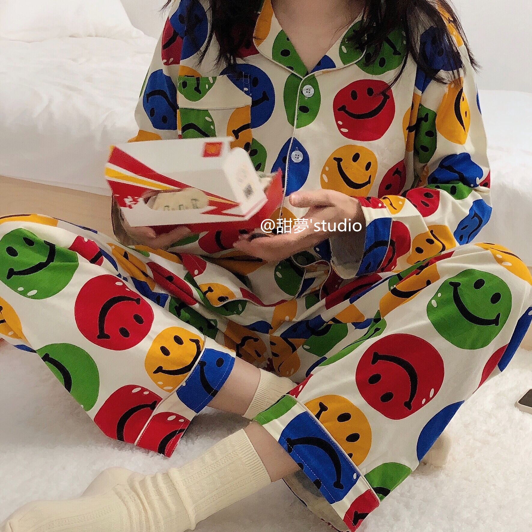 Bộ Đồ Ngủ Tay Dài Vải Cotton In Hoạt Hình Mặt Cười Kiểu Hàn Quốc Thời Trang Mùa Xuân Cho Các Cặp Đôi