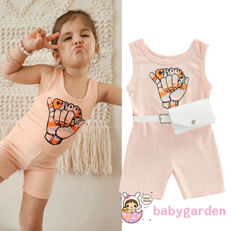 BABYGARDEN-6Months-5years Baby Girls Summer Outfits, Sleeveless Letter Print Ribbed Jumpsuit Shorts + Waist Bag Set