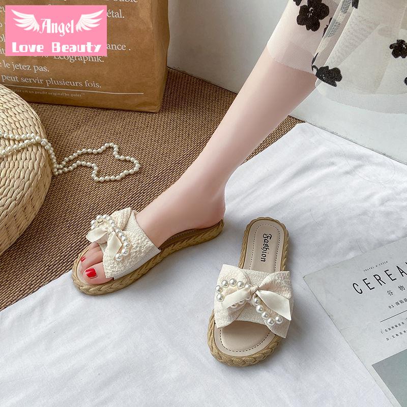 Dép Lê Đi Biển Đế Bằng Chống Trượt Đính Ngọc Trai Và Nơ Phong Cách Cổ Tích Thời Trang Mùa Hè Hàng Mới Dành Cho Bạn Nữ 2022