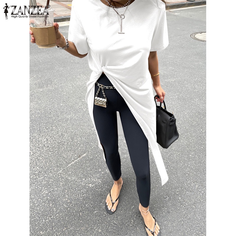 Áo thun dài ZANZEA thiết kế tay ngắn cổ tròn trơn màu dành cho nữ