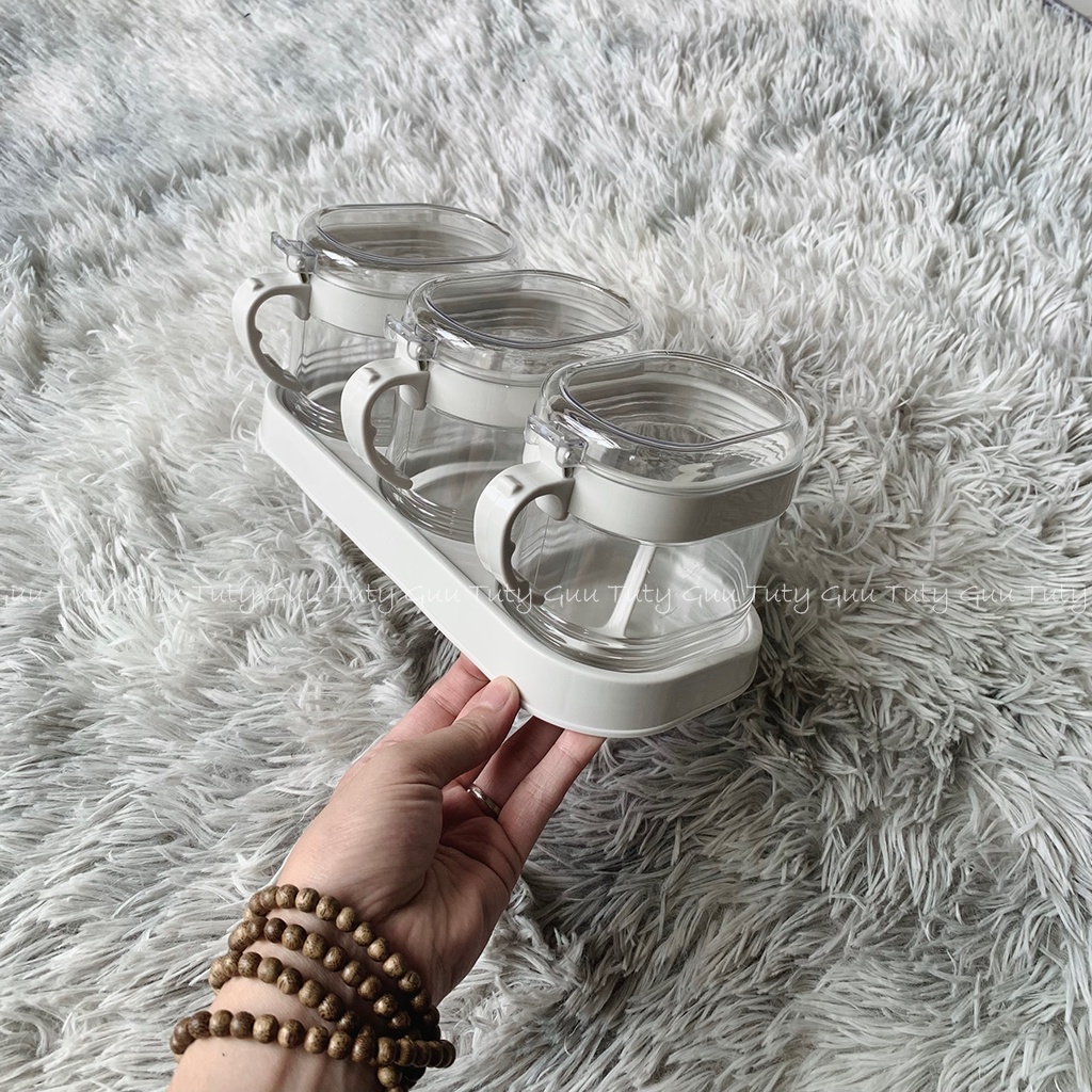 Set 3 hộp đựng gia vị trong suốt có thìa hokori, hũ đựng gia vị