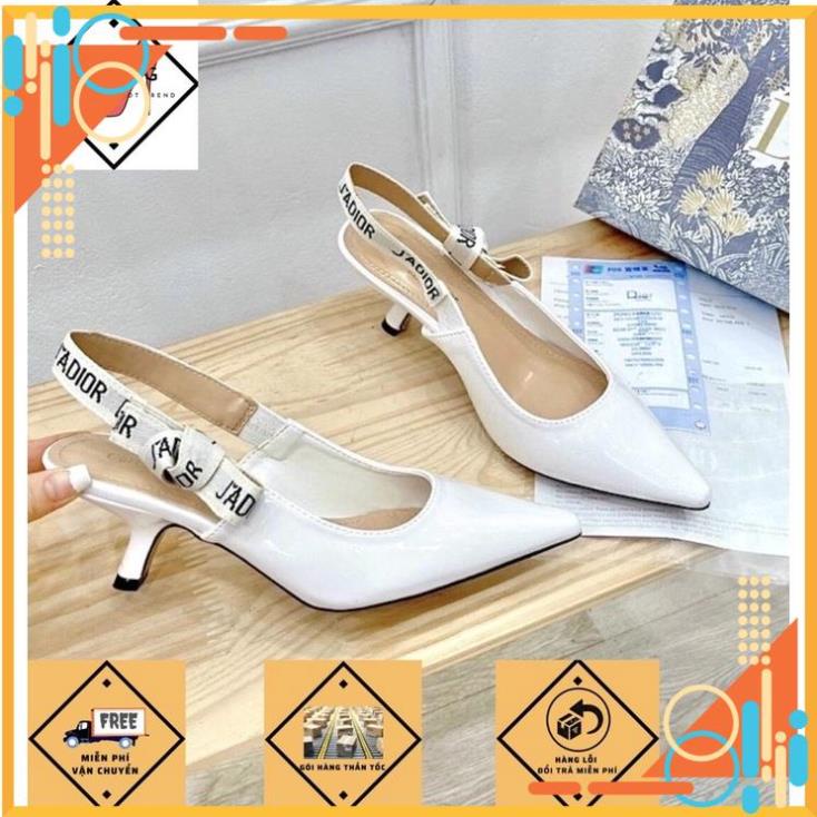 Giày Sandal, Giày Cao Gót Nữ dior trắng gót 6p da bóng hàng fullbox + bill + túi giấy