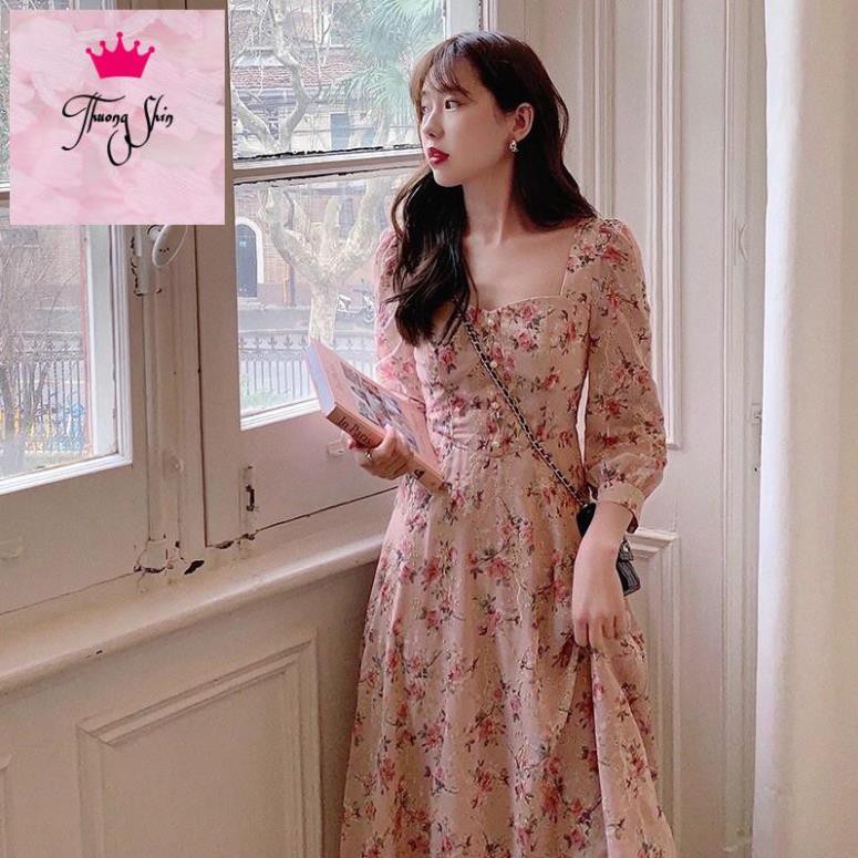 Loại 1 Váy hoa hồng cổ vuông tay lỡ dáng dài xoè vintage tiểu thư [Ảnh thật 4-9]