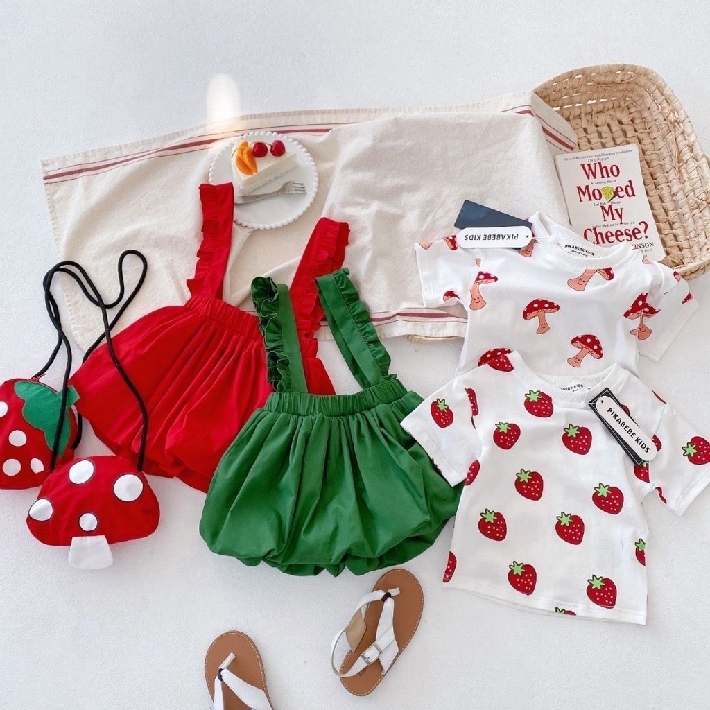 Bộ Áo Thun Ngắn Tay In Họa Tiết Trái Cây + Chân Váy Yếm Thời Trang Mùa Hè Dễ Thương Dành Cho Bé Gái 2022