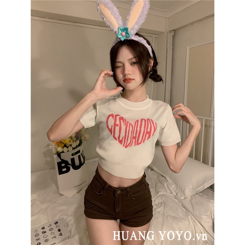 HUANG YOYO Áo Croptop Dệt Kim Tay Ngắn Cổ Tròn Dễ Thương Phong Cách Hàn Quốc Cho Nữ vicolas