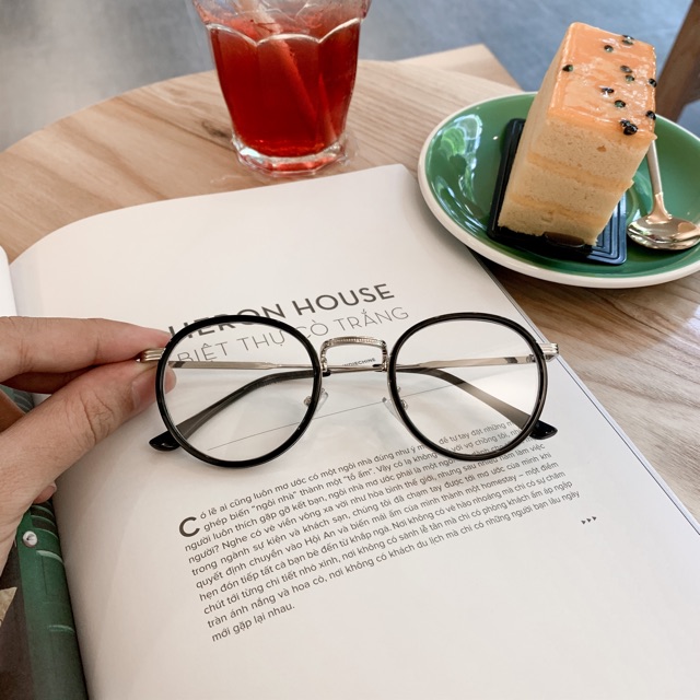 👓Gọng Kính Kim Loại Viền Nhựa Dáng Bầu Tròn Màu Đen Da Báo Trong Suốt