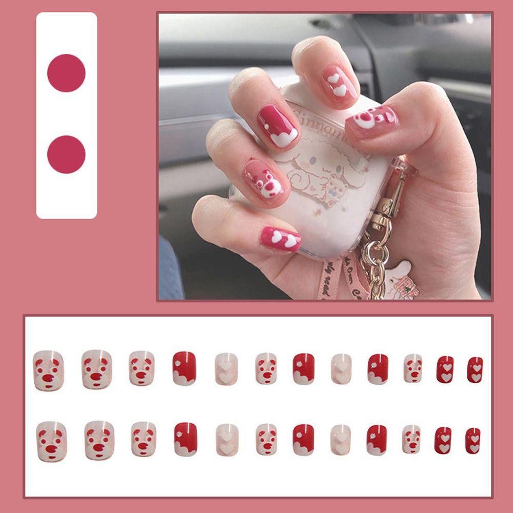 Bộ Móng Tay Giả Ngắn Họa Tiết Nơ Trái Tim Hoạt Hình 3D Kiểu Nhật Hàn Xinh Xắn