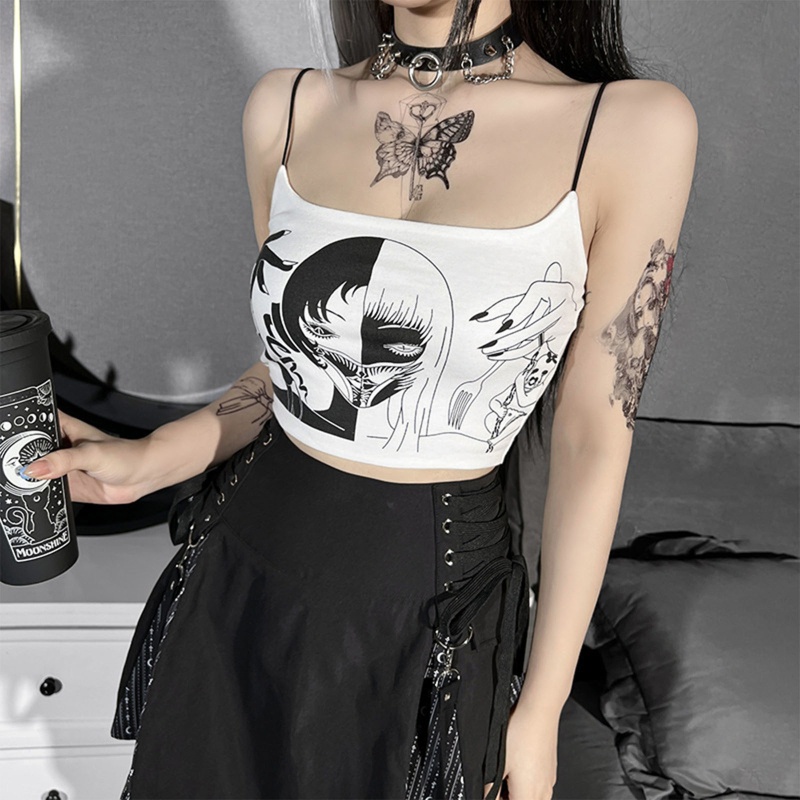 Áo Croptop Hai Dây In Họa Tiết Phù Thủy Phong Cách Gothic Punk Cho Nữ