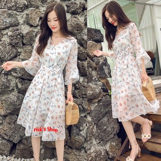 Váy voan hoa nhí cổ chữ V