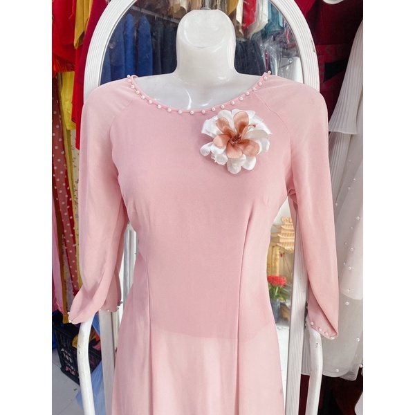 H03 Áo dài lụa cát Hồng cam thêu hoa