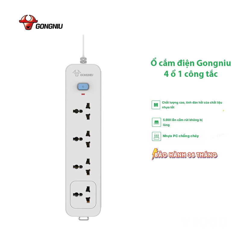 Ổ Cắm Điện Gongniu 4 Ổ Đa Năng 1 Công Tắc Công Suất 10A/250/2500W Trắng – Hàng Chính Hãng (N1040)