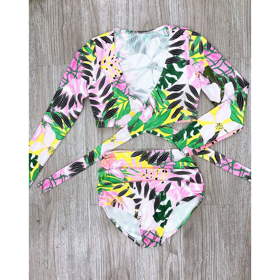 Bikini áo tắm 2 mảnh dài tay buộc dây lưng họa tiết (Ảnh thật) | BigBuy360 - bigbuy360.vn