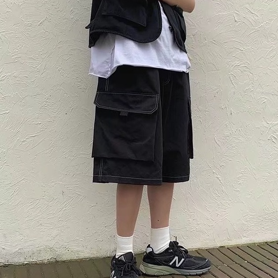 Quần ngắn ống rộng phối dây rút nhiều túi phong cách Hàn Quốc thời trang unisex