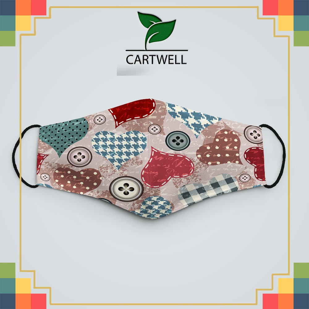 khẩu trang in hình cute HEARTS_1210 CARTWELL vải cotton 100%, kháng khuẩn, không đau tai, dễ thở cho nam nữ