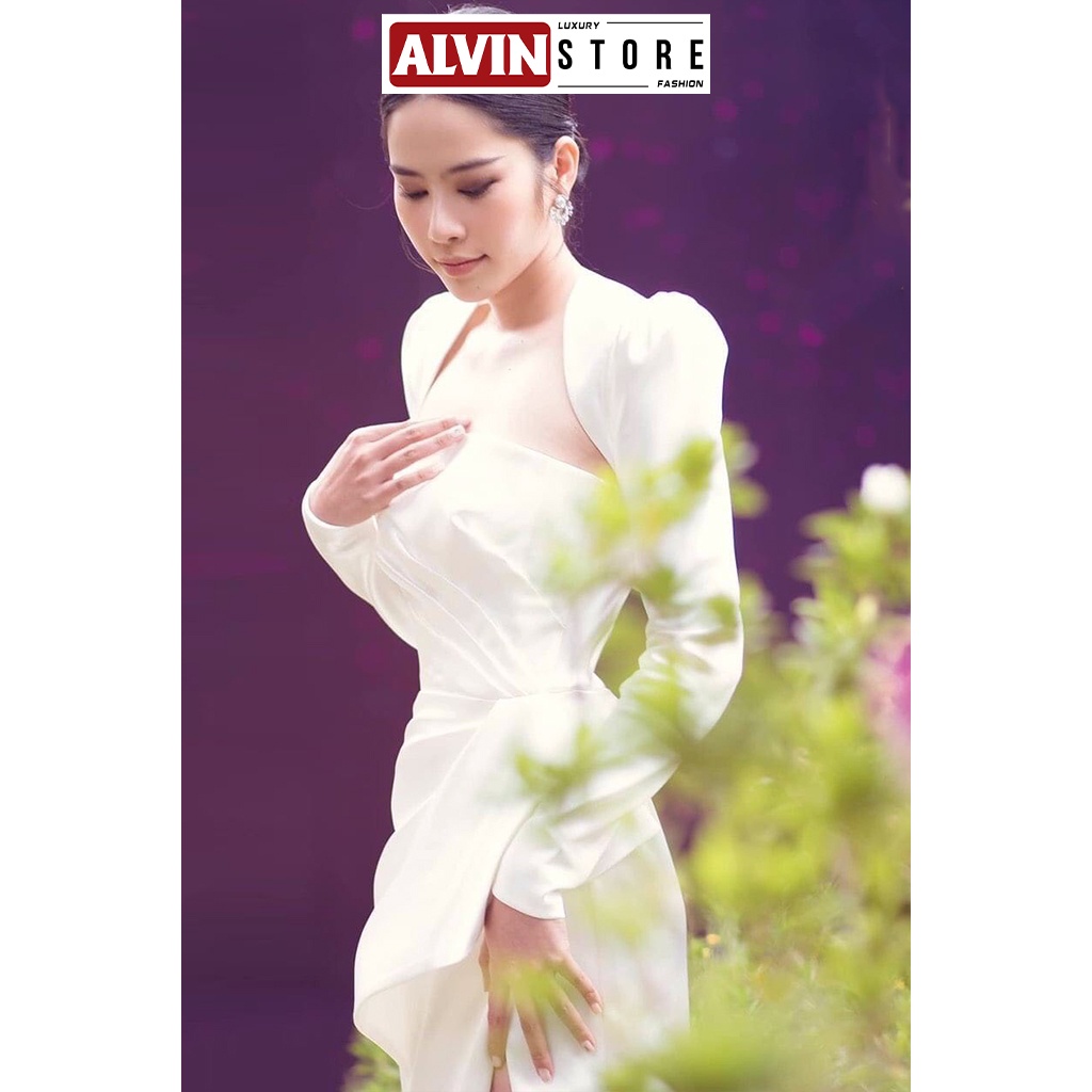 Đầm Dạ Hội Cúp Ngực Tay Dài Nhún Eo Xẻ Đùi Hợp Đi Tiệc Alvin Store 0989