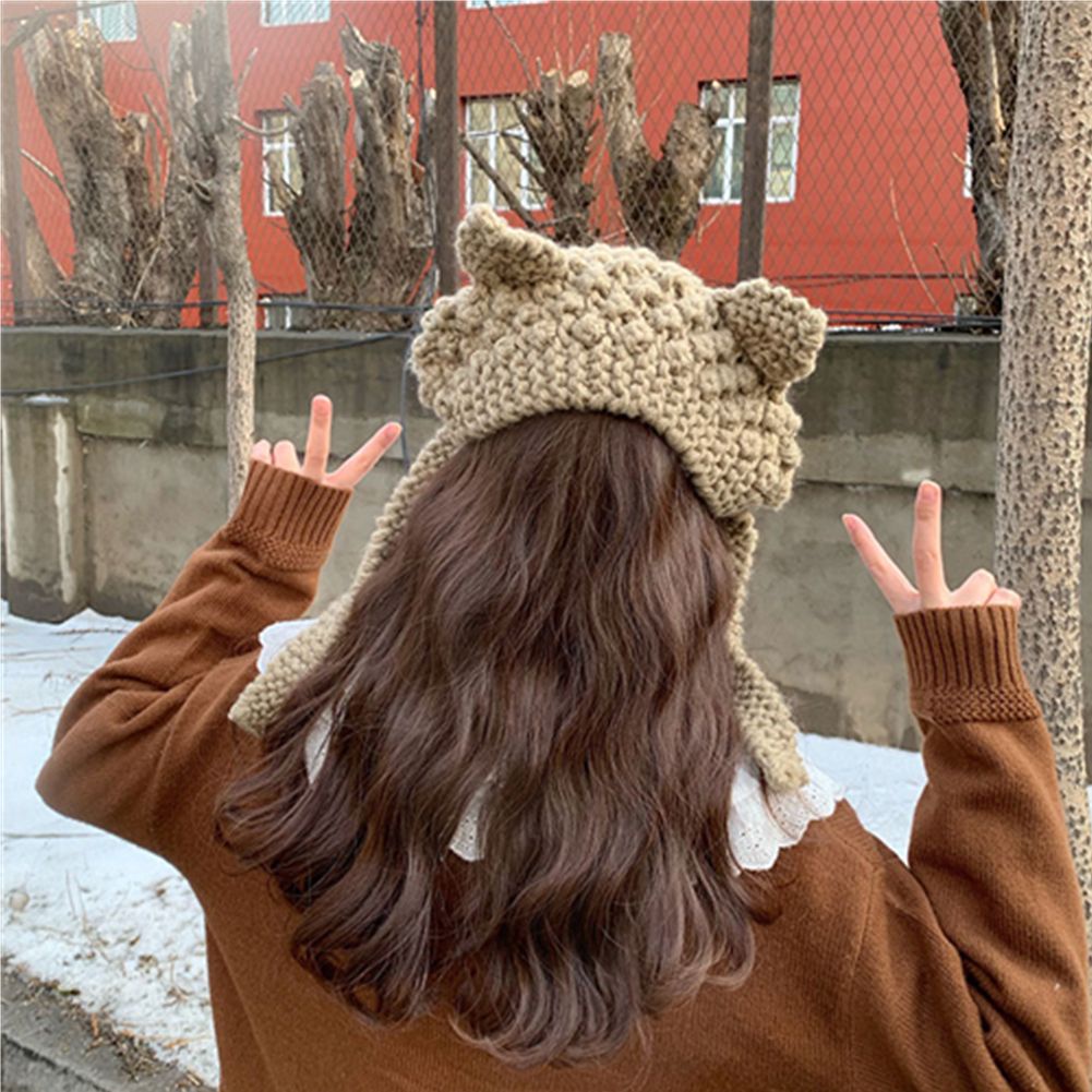Mũ len trùm đầu dệt kim tai mèo giữ ấm thoáng khí thời trang dành cho nữ
