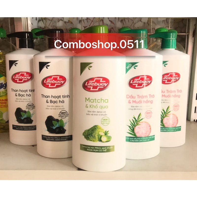 Sữa tắm Lifebuoy matcha & khổ qua, than hoạt tính & bạc hà, dầu tràm trà & muối hồng chai 800g