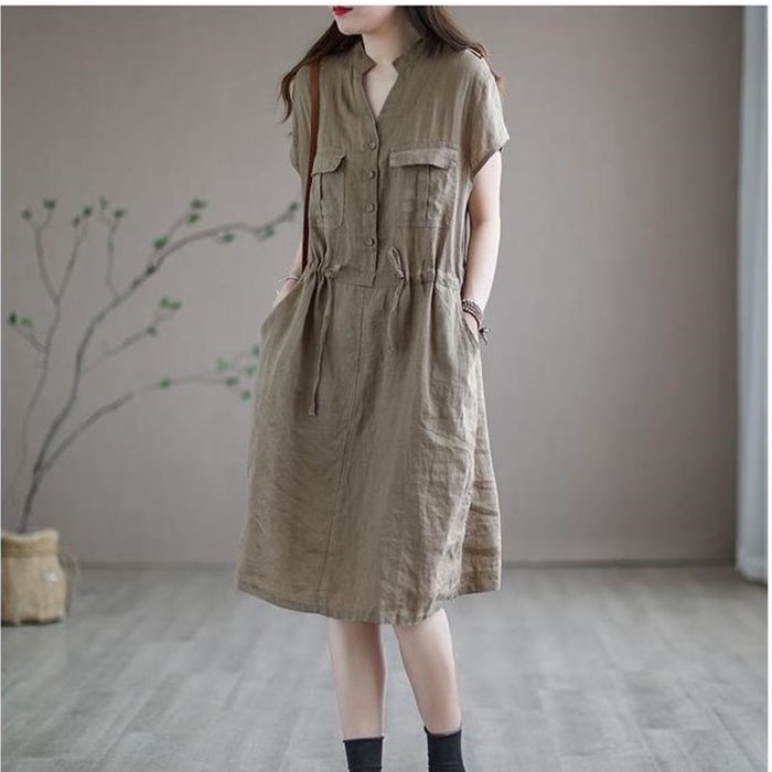 Đầm suông linen cổ trụ phát V hai túi hộp ốp ngực trẻ trung, thời trang dạo phố 2022