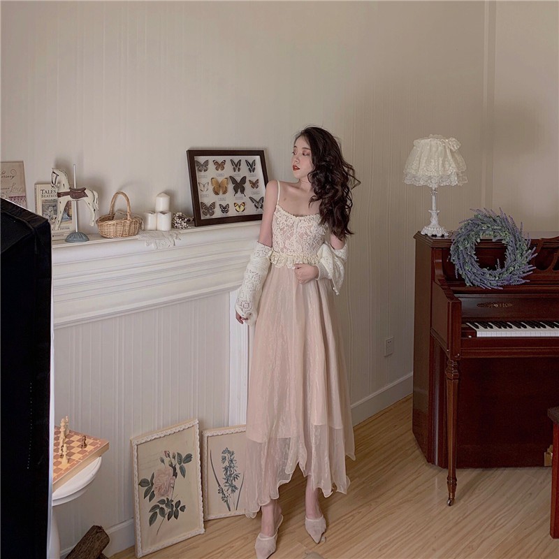 SẴN Áo hai dây ren gợi cảm chéo dây lưng chân váy voan dài tiểu thư hàng thiết kế J0032 ẢNH THẬT CUỐI | BigBuy360 - bigbuy360.vn