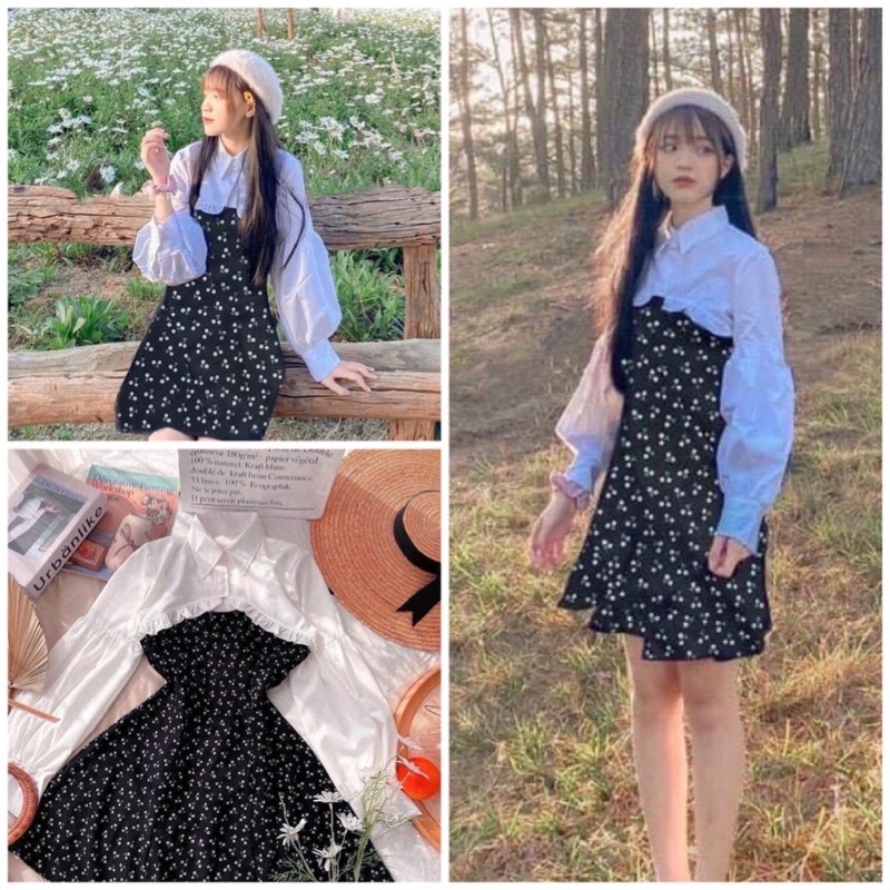 [Rẻ Vô Địch]Set Áo Croptop Sơ Mi Bèo Trắng Dài Tay Mix Váy 2 Dây xoè Thời Trang Nữ Hot Hit