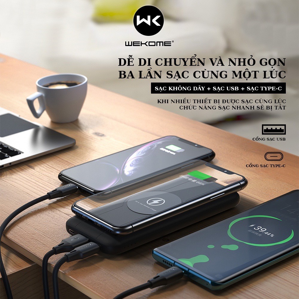 Pin sạc dự phòng không dây 10000mAh Wekome WP133 tích hợp sạc nhanh đầu ra kép