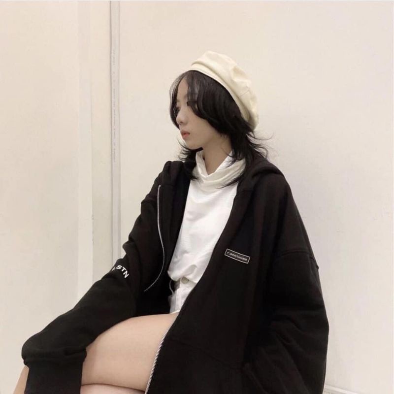 Áo Hoodie Kéo Khoá Tay Phồng Ent Int In Chữ Sau Lưng Phong Cách Hàn Quốc Thời Trang Nam Nữ Unisex