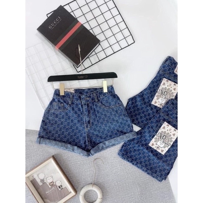 (HÀNG CÓ SẴN) Quần Short Nữ, Quần Jeans Nữ Cạp Cao, Xắn Gấu Năng Động, In Hoạ Tiết Nổi
