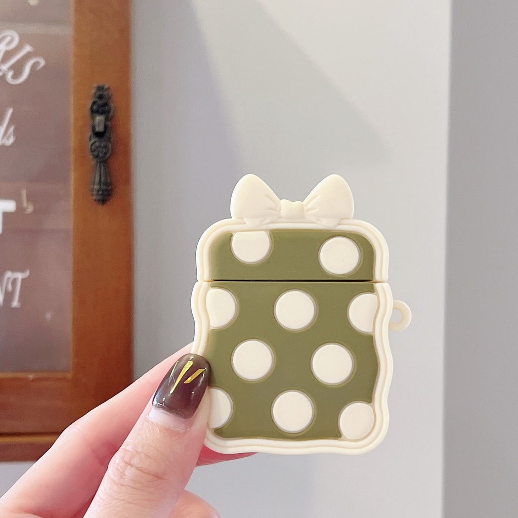Vỏ Bảo Vệ Hộp Sạc Tai Nghe airpods Pro 1 / 2 / 3 Bằng Silicon Họa Tiết Chấm Bi Màu Xanh matcha Hoạt Hình Dễ Thương