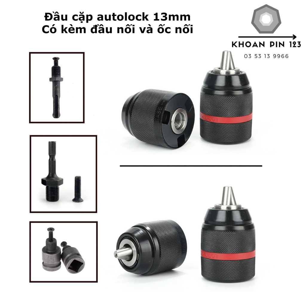 Đầu kẹp mũi khoan, bắt vít bằng thép auto lock 13mm bằng kim loại max khóa tự động có thể điều chỉnh bằng tay(kèm ốc nối