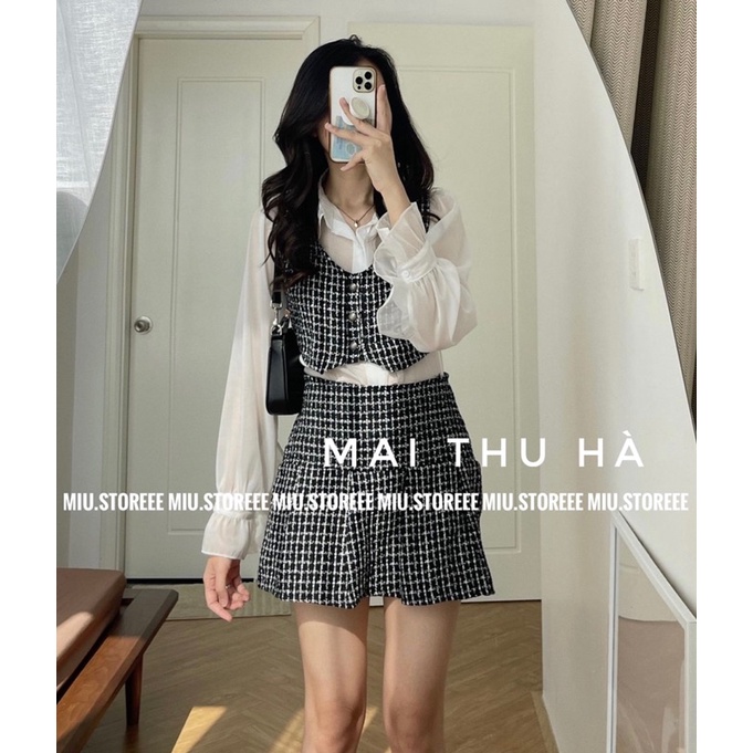 [ẢNH THẬT] SET 3 MÓN DẠ TWEED ÁO SƠ MI VOAN PHỐI BÈO + GILE KẺ CARO KÈM CHÂN VÁY A