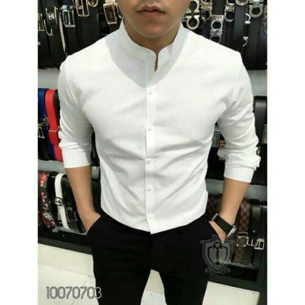 Sơ mi nam cổ tàu Màu Trắng loại đẹp dáng ôm body hàn quốc, không nhăn